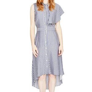 Rachel Roy Women’s Striped Shirtdress Blue Metallic Gold Stripes Low High Hem 8